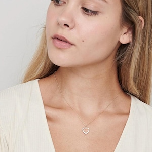 Gold Heart Necklace with Sparkling Diamonds, Heart Charm Necklace Gift for Girlfriend, Tiny Diamond Heart Necklace, Gold Layering Necklace