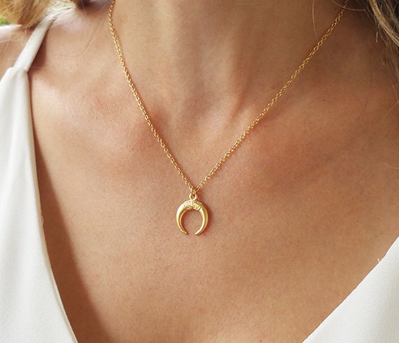 Double Horn Necklace Mothers Day Gift for her SN0633 Crescent Moon Dainty Gold Necklace Silver Necklace for Women