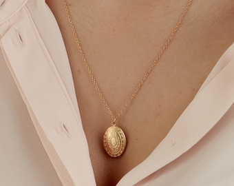 Gold-Filled Locket Necklace, Victorian Photo Charm, Long Pendant Necklace, Gift for Mom