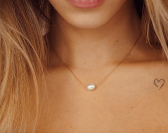 Dainty Gold Pearl Necklace, Freshwater Pearl, Single Pearl Necklace