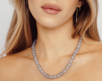 Handmade Beaded Necklace, Natural 8mm Gray Jade Beads Necklace, Gold-Filled Clasp