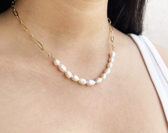 Pearls Necklace, Gold Chain Necklace with Pearls Beads, Statment Necklace, Handmade Dainty Necklace, Present for Mom