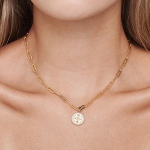 Gold Charm Necklace, Chunky Chain Necklace with Charm for Layering, Paperclip Gold Chain Necklace, Travel Jewelry Compass Disc Charm