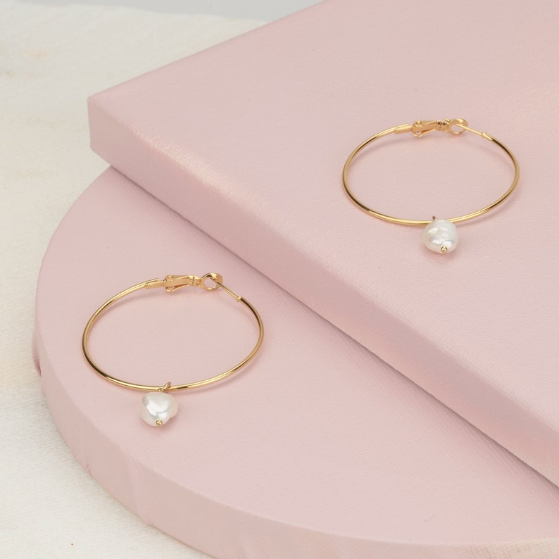 Baroque Pearl Earrings 14K Gold Filled Hoops Birthday Gifts for Her 1.5 Simple Hoop Earrings Freshwater Pearl Hoop Earrings