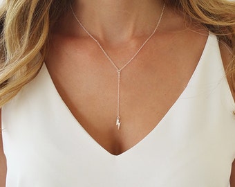 Silver Y Necklace, Dainty Lariat Necklace, Silver Layered Necklace for women, Lightning Bolt Charm Necklace, Necklace Gift For Her