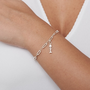 Chunky Chain Bracelet, Sterling Silver Fish Bone Bracelet, Fishing Jewelry, Silver Charm Bracelet, Fish Bone Skeleton Charm, Gifts for Her