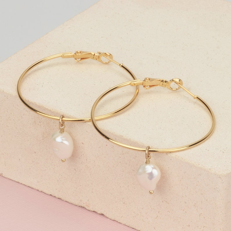 Baroque Pearl Earrings 14K Gold Filled Hoops Birthday Gifts for Her 1.5 Simple Hoop Earrings Freshwater Pearl Hoop Earrings