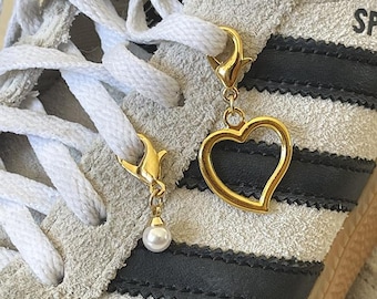 Dijes de cordones dorados, joyas para zapatillas con forma de corazón y perla