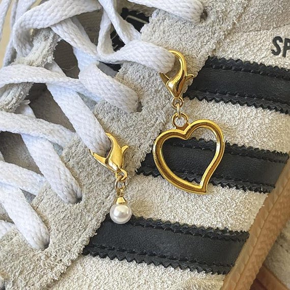 Gold Shoelace Charms, Heart & Pearl Sneaker Jewelry