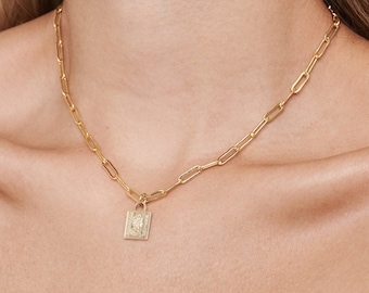 Gold Medallion Charm Necklace, 14k Gold-Filled Paperclip Chain