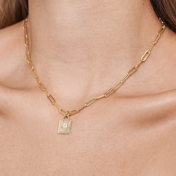 Gold Charm Necklace, Square Medallion Necklace, Chunky Chain Necklace, Paperclip Chain Necklace, Gold Medallion Charm Necklace