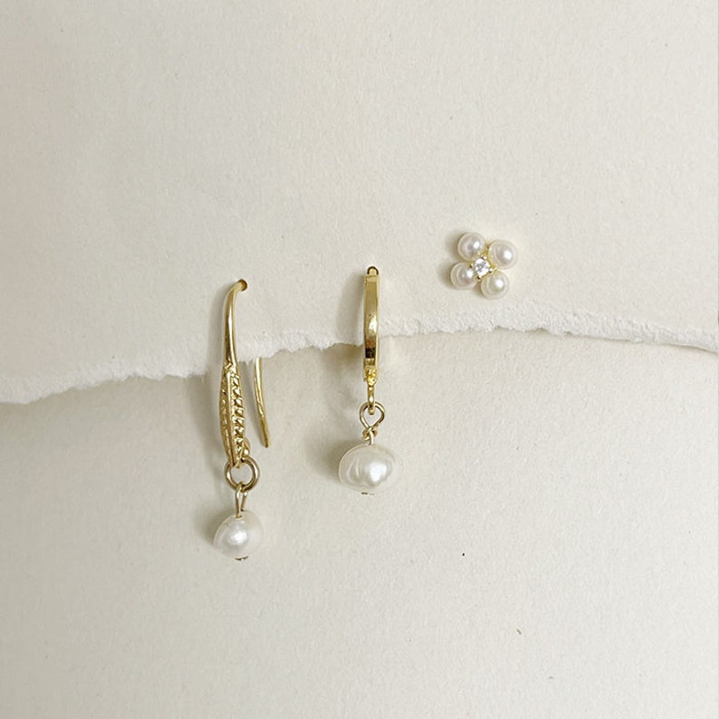 Stacking Earrings Set of 3, Gold Earrings Set with Pearls, Delicate Stud Earrings, Minimalist Huggie Hoop Earrings, Tiny hoops Earrings image 3