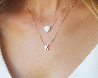 Gold Layered Necklaces Set, Unique Gifts For Women, Initial Necklace, White Opal Heart Necklace, Heart Charm Necklace, Gold Letter Necklace