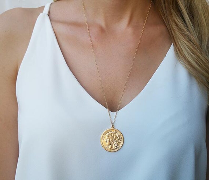 Gold Long Necklace Coin Pendant Image 0