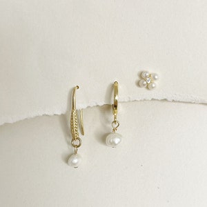 Stacking Earrings Set of 3, Gold Earrings Set with Pearls, Delicate Stud Earrings, Minimalist Huggie Hoop Earrings, Tiny hoops Earrings image 2