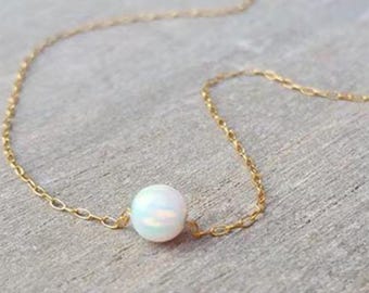 Dainty White Opal Ball Necklace, 14K Gold-Filled Chain, Gold Necklace