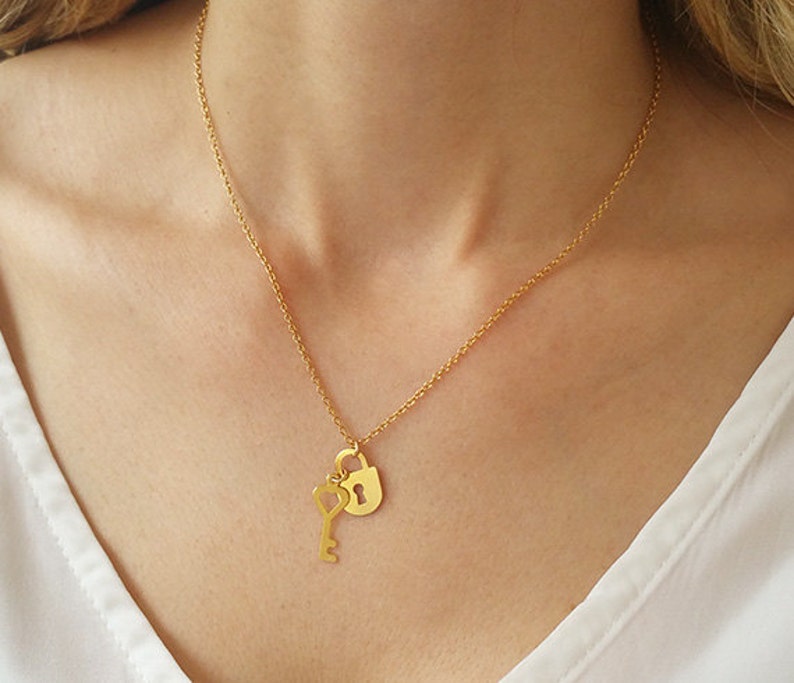 Lock and Key Necklace, Gold Friendship Necklace, Anniversary Gift, Best Friend Necklace, Love Necklace, Key Necklace, Couples Necklace image 1