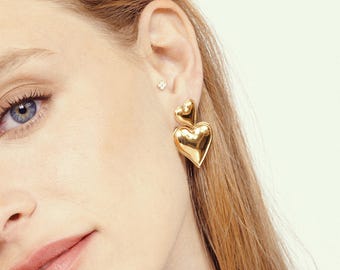 Gold Puffed Heart Earrings: 18K Plated Stainless Steel Dangle Earrings