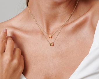 Personalize Necklace, Layered Necklace Set, Gold Initial Necklace, Necklace for Mom, Double Strand Necklace, Initial Pendant Necklace