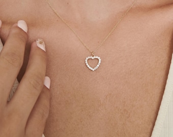 Gold Heart Necklace, Diamond Heart Charm Necklace, Dainty Heart Jewelry, Valentine's Day Gift