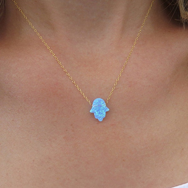 Blue Hamsa Necklace, Opal Necklace, Gold Hamsa Necklace, Opal Hand Necklace, Hamsa Pendant Necklace, Charm Necklace, Opal Jewelry