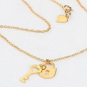 Lock and Key Necklace, Gold Friendship Necklace, Anniversary Gift, Best Friend Necklace, Love Necklace, Key Necklace, Couples Necklace image 2