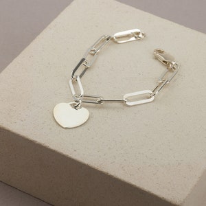 Sterling Silver Heart Bracelet, Silver Charm Bracelet, Heart Bracelets for Women, Gifts for Mom, Chunky Chain Bracelet, Silver Heart Charm image 2