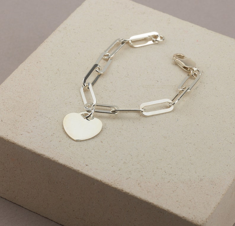 Sterling Silver Heart Bracelet, Silver Charm Bracelet, Heart Bracelets for Women, Gifts for Mom, Chunky Chain Bracelet, Silver Heart Charm image 2