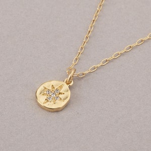 Tiny Disc Necklace, Gold Filled Starburst Necklace, Dainty Coin Necklace, North Star Necklace, Starburst Charm Necklace, Celestial Jewelry image 2