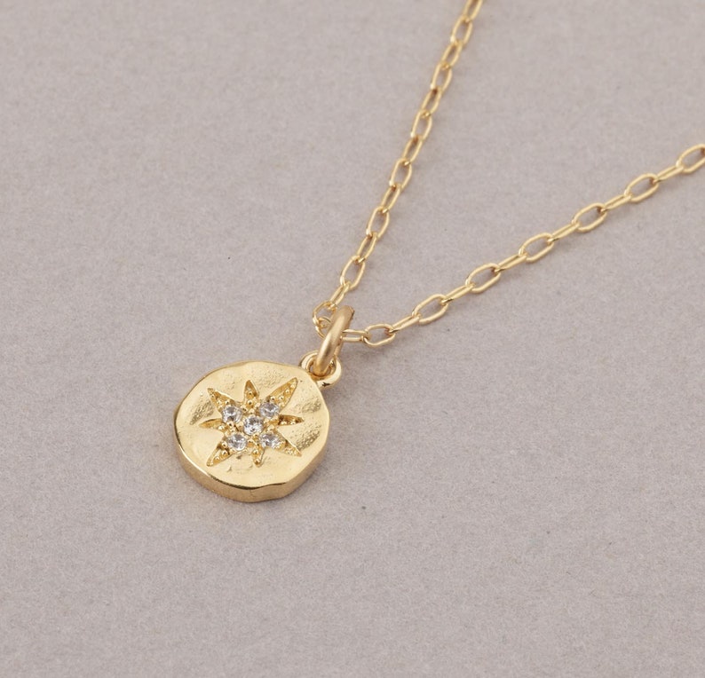 Tiny Disc Necklace, Gold Filled Starburst Necklace, Dainty Coin Necklace, North Star Necklace, Starburst Charm Necklace, Celestial Jewelry image 2