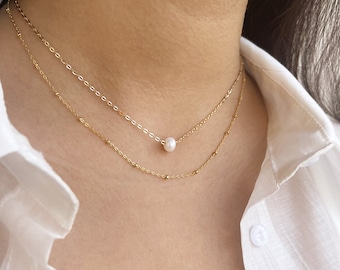 Gold Filled Layered Necklace Set, Pearl Charm, Dainty Chokers Stack
