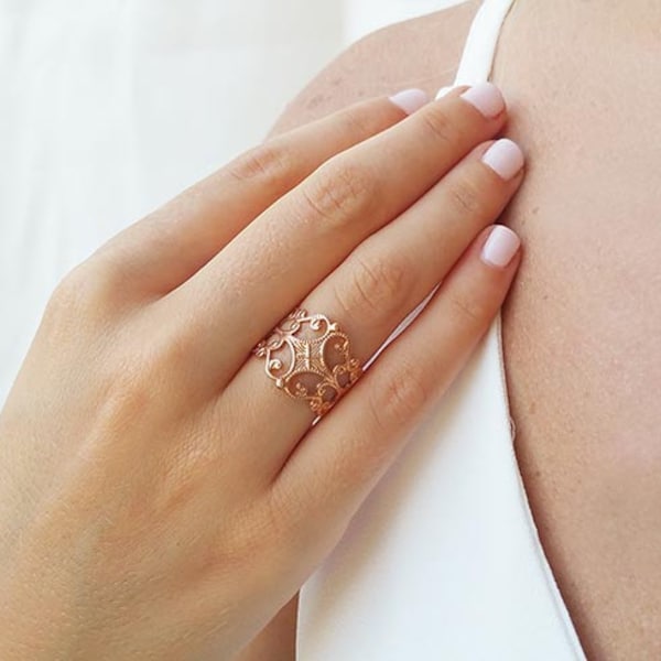 Rose Gold Filigree Ring, Boho Ring, Everyday Ring, Vintage Rings, Rose Gold Band Ring, Gifts For Sister, Floral Ring, Rose Gold Jewelry