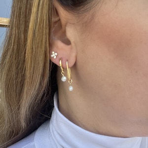 Stacking Earrings Set of 3, Gold Earrings Set with Pearls, Delicate Stud Earrings, Minimalist Huggie Hoop Earrings, Tiny hoops Earrings image 1