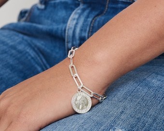 Sterling Silver Coin Bracelet, Silver Charm Bracelet, Coin Bracelets for Women, Gift for Her, Chunky Chain Bracelet, Silver Medallion Charm