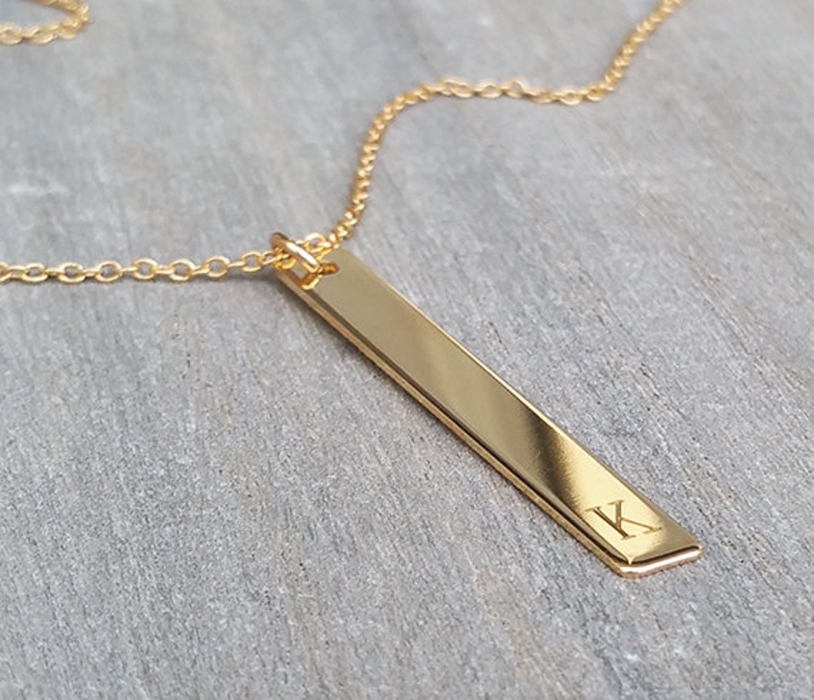 Vertical Gold Bar Necklace Birthday Gift Long Initial Etsy