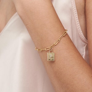Square Coin Bracelet, 14K Gold Filled Charm Bracelet, Bracelets for Women, Gift for Her, Chunky Chain Bracelet, Gold Bar Medallion Charm