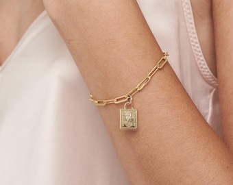 Square Coin Bracelet, 14K Gold Filled Charm Bracelet, Bracelets for Women, Gift for Her, Chunky Chain Bracelet, Gold Bar Medallion Charm