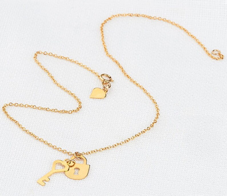 Lock and Key Necklace, Gold Friendship Necklace, Anniversary Gift, Best Friend Necklace, Love Necklace, Key Necklace, Couples Necklace image 4