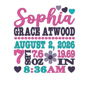 May include: An embroidered design featuring the name Sophia Grace Atwood in pink and dark purple. It includes the birth date August 2, 2026, weight 7 lbs 7.6 oz, length 19.69 in, and time 8:36 AM, accented with hearts and a flower in teal and purple.