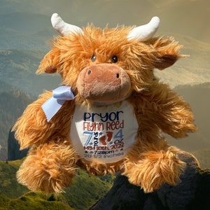Highland Cow, Personalized Plush Stuffed Animal, Love you to the Moon and Back, Scottish Cow, Farm Nursery, Birth Announcement,