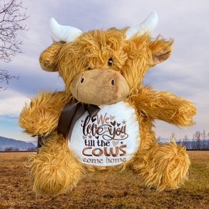Highland Cow Plush, Stuffed Animal, Love you to the Moon Back, Birth Announcement, Farm Nursery, Scottish Cow, Birth Stats Personalized Cow