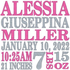 May include: Embroidered text on a white background. The name "Alessia" is in pink, followed by "Giuseppina Miller" in gray. Additional text includes "January 10, 2022", "10:25 AM", "7", "15 OZ", and "21 INCHES".