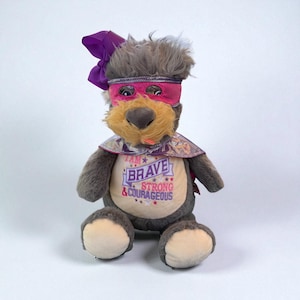 May include: A plush toy dog wearing a purple bow, pink mask, and a silver cape. The dog has a tan muzzle and a shirt that says "I AM BRAVE STRONG & COURAGEOUS". The toy is gray and tan.