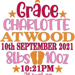 May include: Embroidered design with the name "Grace Charlotte Atwood", birth date, time, weight (8lbs 10oz), and length (21 inches). The design includes star accents and baby footprints, all in a colorful, stitched style.
