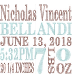 May include: A white background with embroidered text in brown and teal. The text includes the names "Nicholas Vincent" and "Bellandi", along with the date "June 13, 2018", time, weight of 7 lbs 0 oz, and length of 20 1/4 inches.