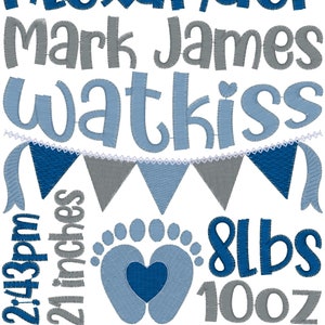 May include: Embroidered design with the name "Alexander" in blue, along with other names and details. Includes a banner, footprints with a heart, and the text "2:43pm", "21 inches", "8lbs", and "100oz". The date "30 July 2021" is also present.