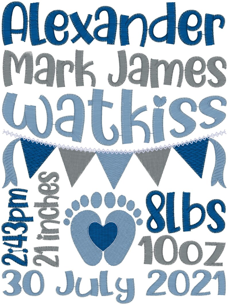 May include: Embroidered design with the name "Alexander" in blue, along with other names and details. Includes a banner, footprints with a heart, and the text "2:43pm", "21 inches", "8lbs", and "100oz". The date "30 July 2021" is also present.
