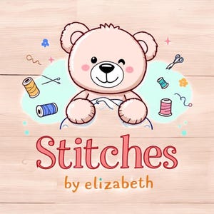 May include: A cartoon teddy bear winking, holding thread, with sewing notions like scissors and spools of thread. The text "Stitches by elizabeth" is displayed in a playful font, suggesting a craft or sewing business. The background is a light wood grain.