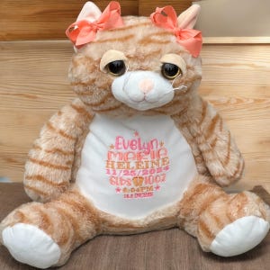 Birth Announcement, Animal Keepsake, Unique Baby Gift, Flower Girl Gift, Stuffed Cat, Rainbow Bridge, Embroider Buddy