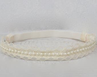 Beige Headband, Newborn Headband, Infant Headband, Baby Headband, Baptism Headband, Christening Headband, Halo Headband, Headband with Pearl